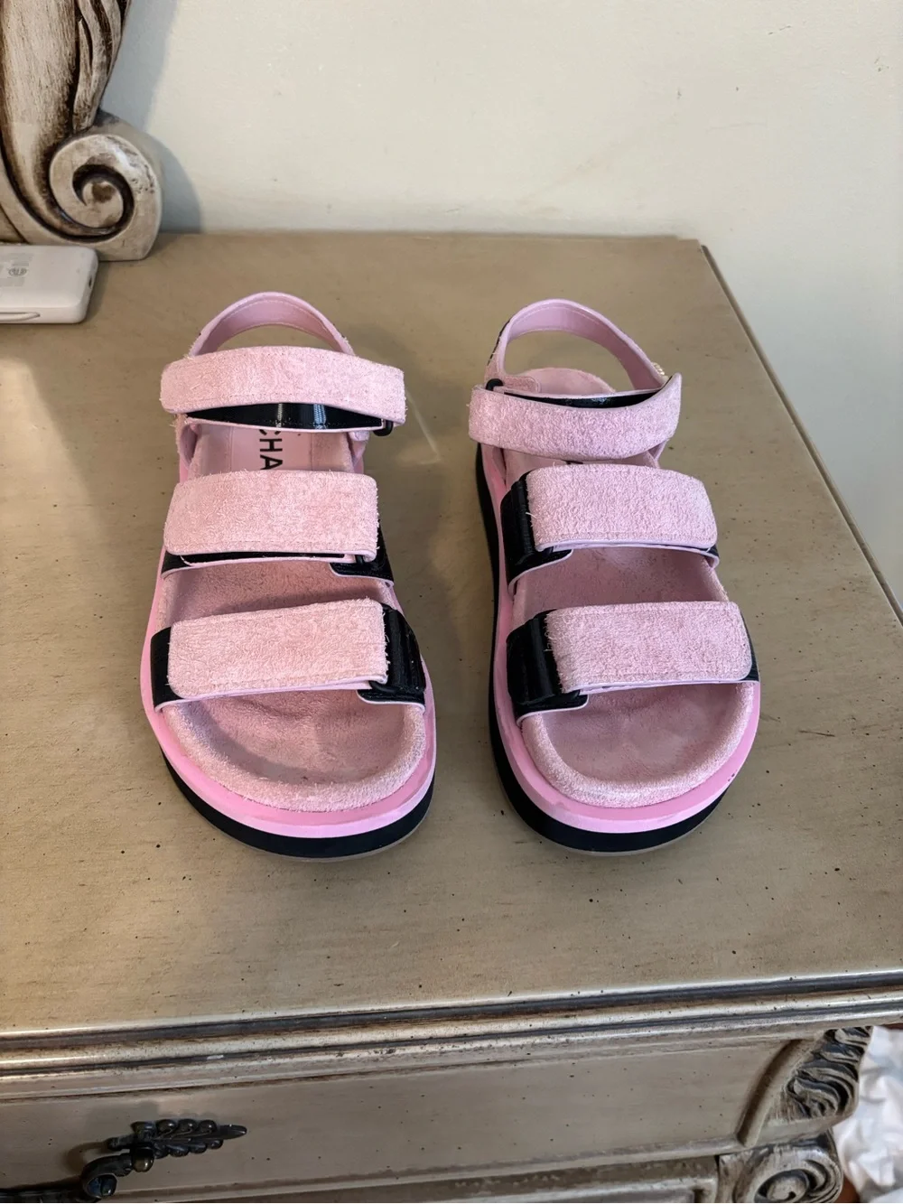 CHANEL Pink Suede Adjustable Strap sandal women
